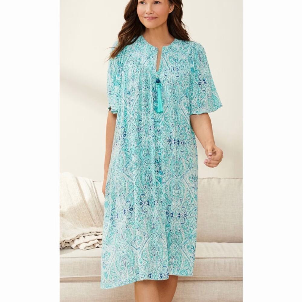 Go Softly Crinkle Rayon Zip Patio Dress | Plus 3x, Teal Tile Mumu Caftan NEW - Picture 1 of 6
